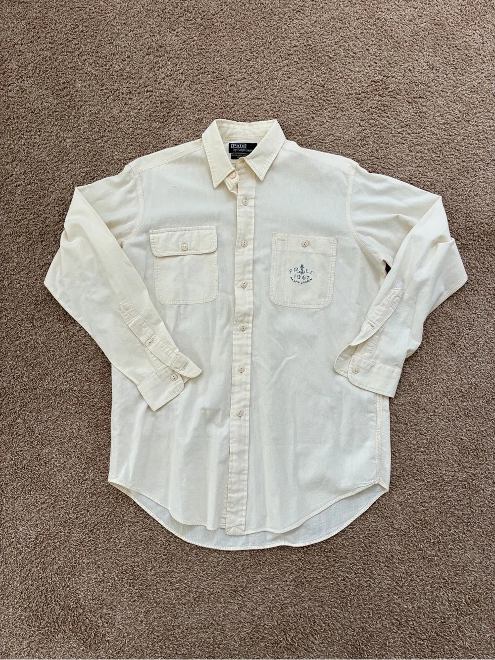 Vintage Polo Ralph Lauren Shirt Mens Dungaree Workshirt Cream Size Medium